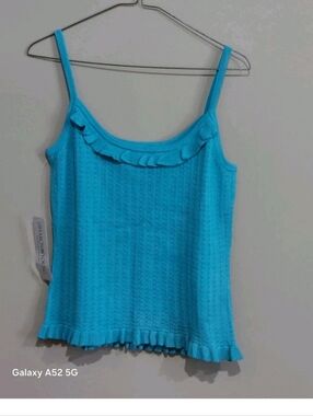 Blue Ruffle Trim Tank Top - Women's